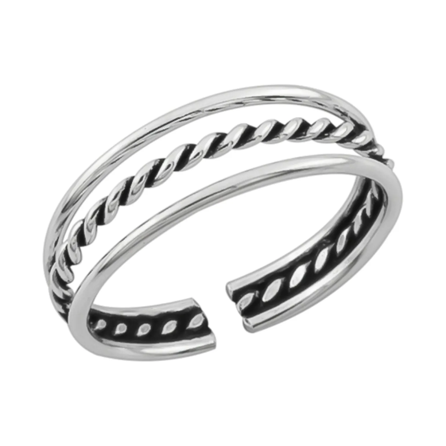 Zilveren teenring, drie banden, glad en gevlochten