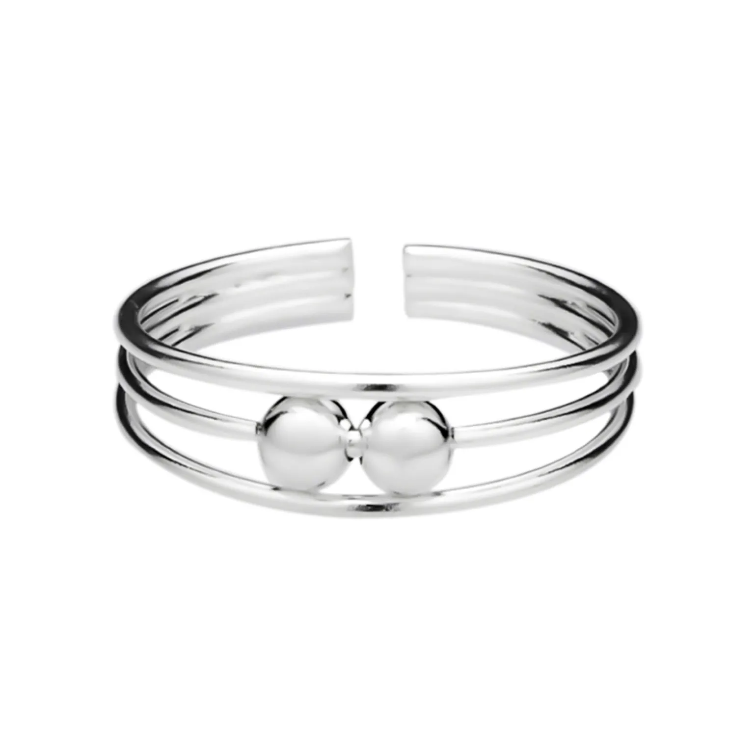 Zilveren teenring, drie bandjes met twee kraaltjes