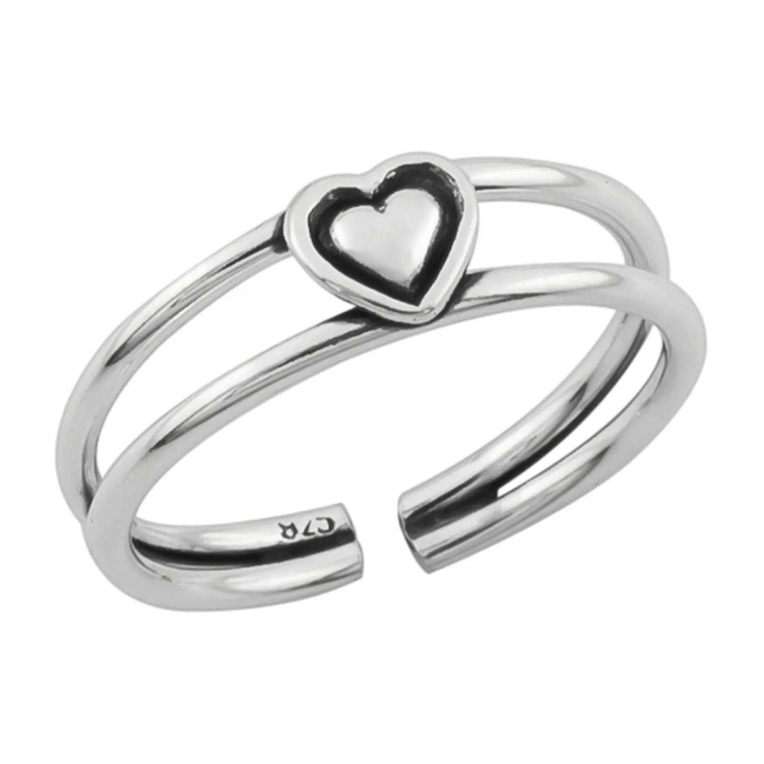 Zilveren teenring, dubbele band met hart