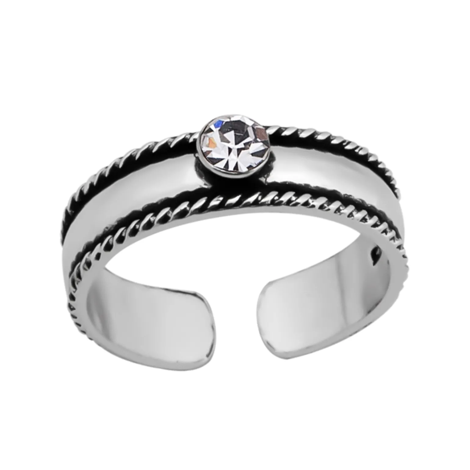 Zilveren teenring, gladde band met gedraaide randen en kristal