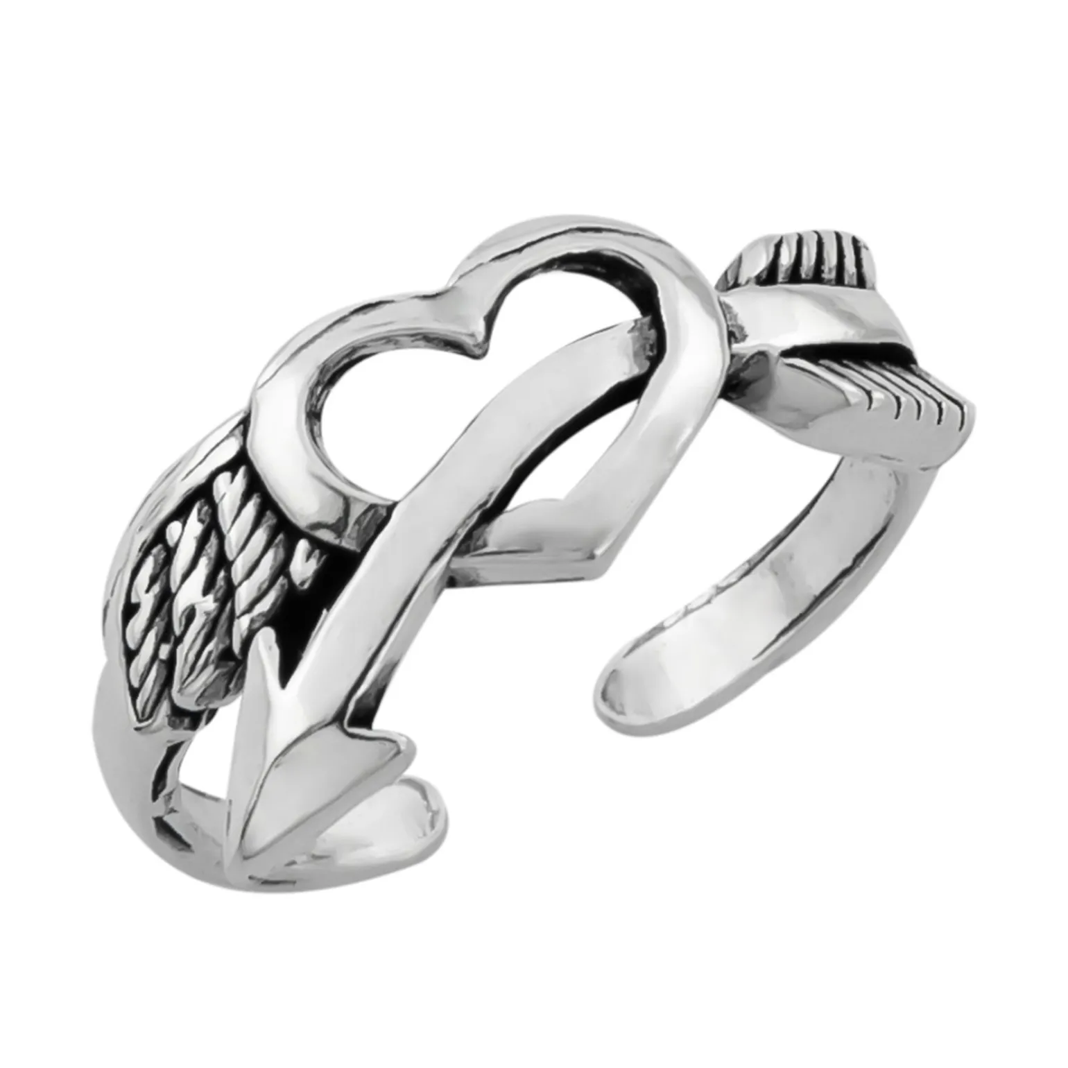 Zilveren teenring, hart met pijl