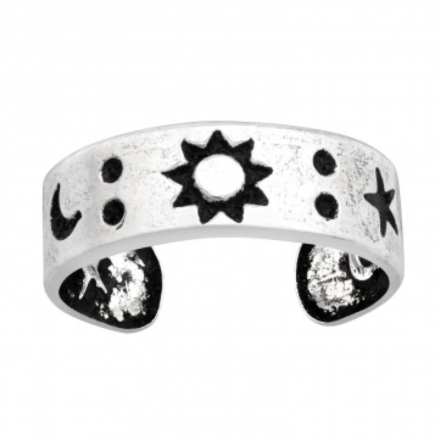 Zilveren teenring, maan, zon en ster