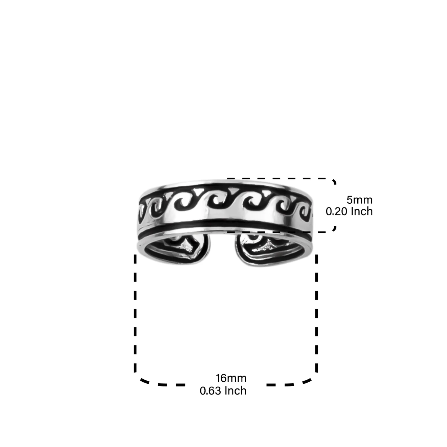 Zilveren teenring met golfpatroon
