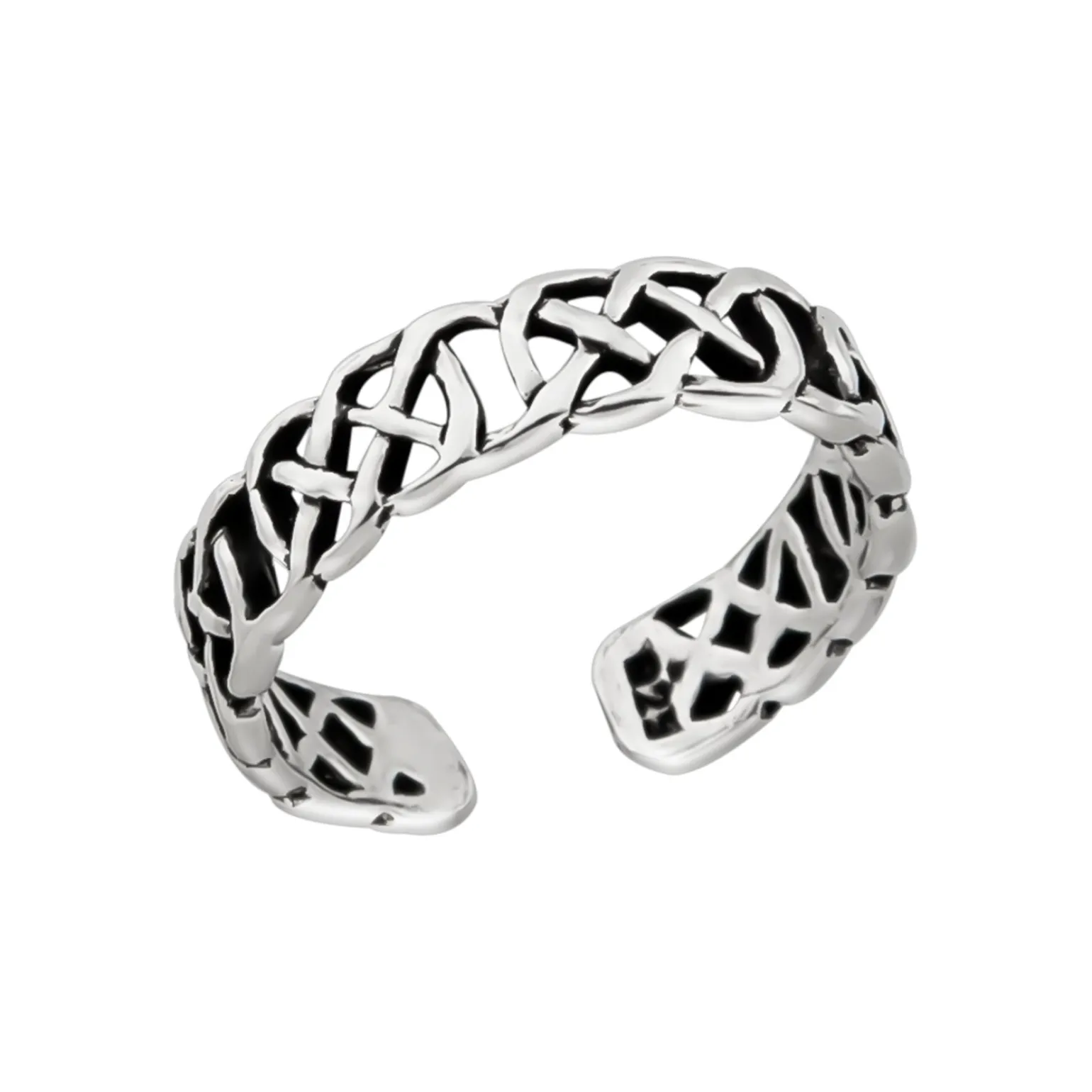Zilveren teenring, opengewerkt met gevlochten patroon