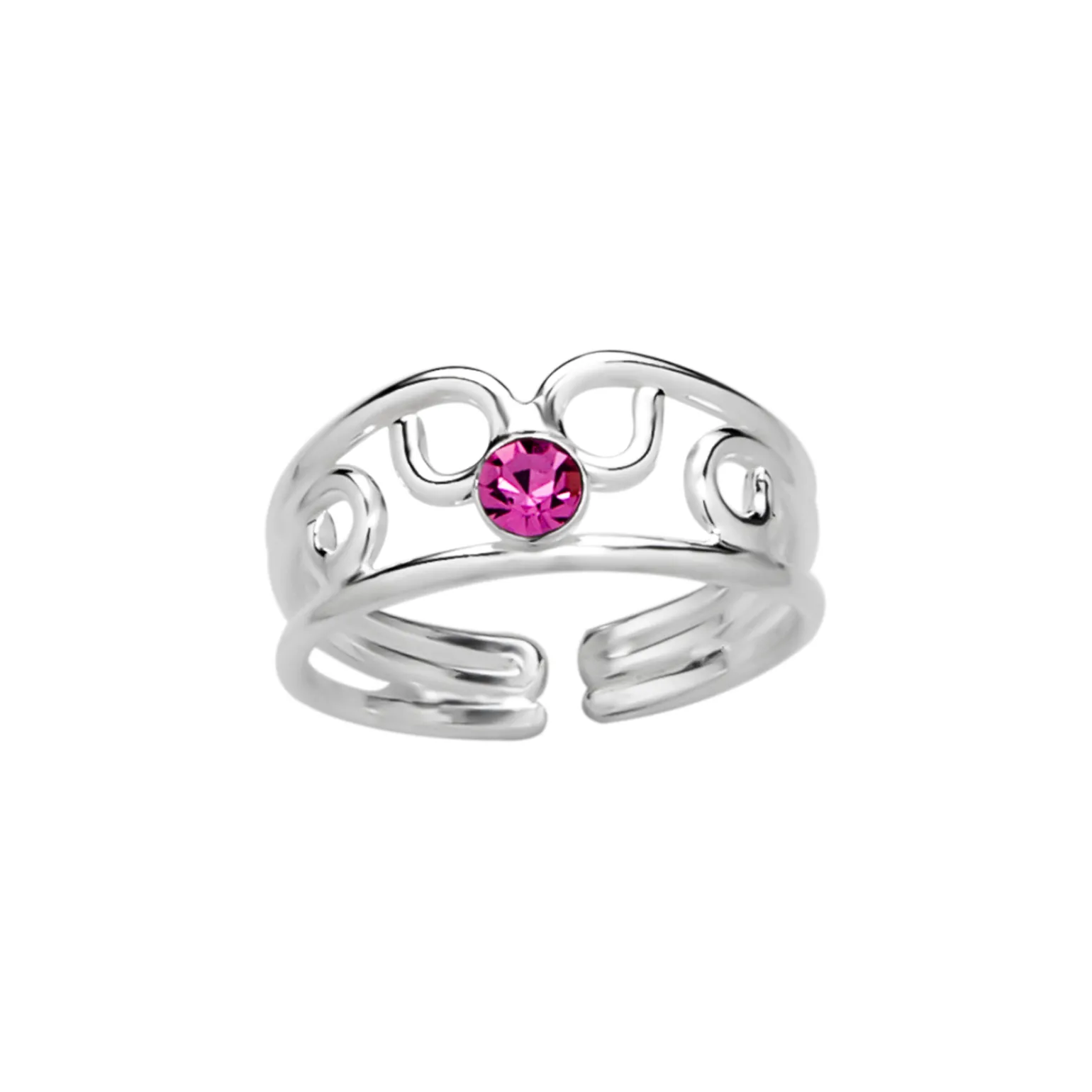 Zilveren teenring, opengewerkte band met roze kristal