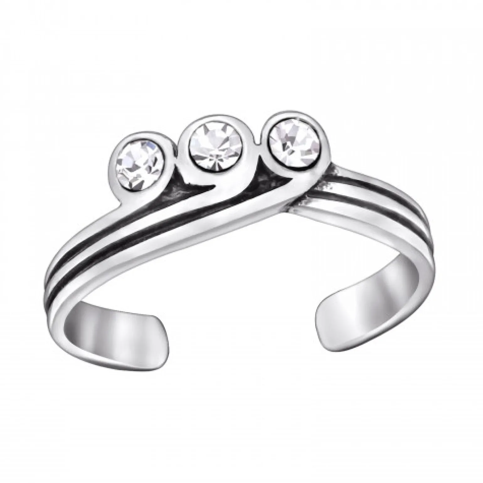 Zilveren teenring, tiaravorm met drie kristallen