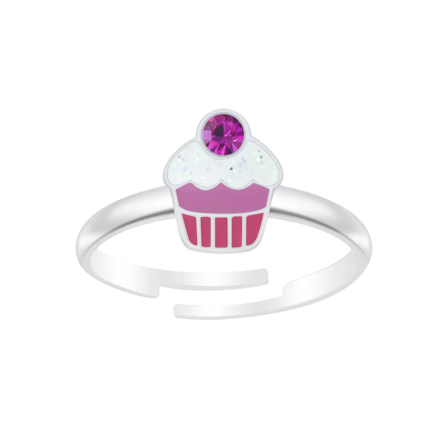Zilveren verstelbare ring, cupcake met kristal